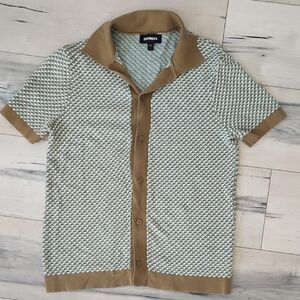 Express Men's Tan and White Short Sleeve Shirt